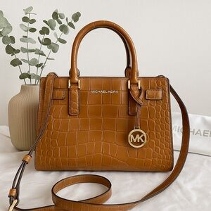 Michael Kors Dillon Croc-Embossed Leather Satchel in Walnut - NWT